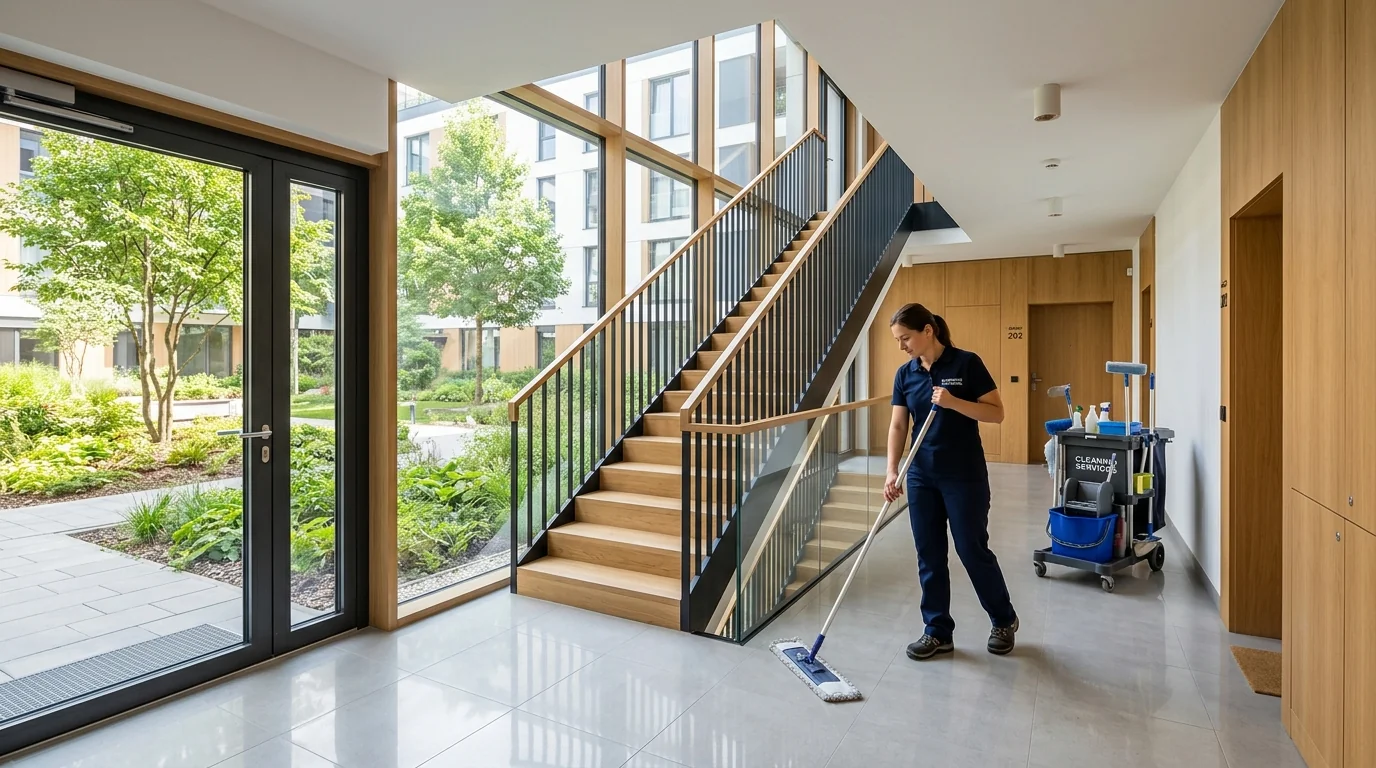 Hall lumineux d'une résidence collective entretenue