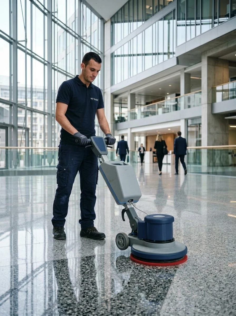 Technicien réalisant le traitement et le lustrage d'un sol professionnel