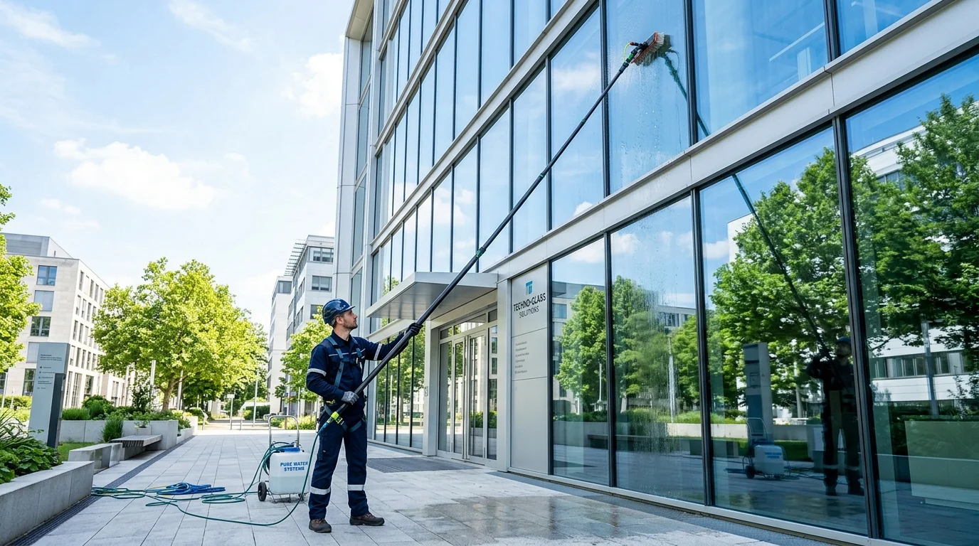Lavage de vitres sur un bâtiment professionnel